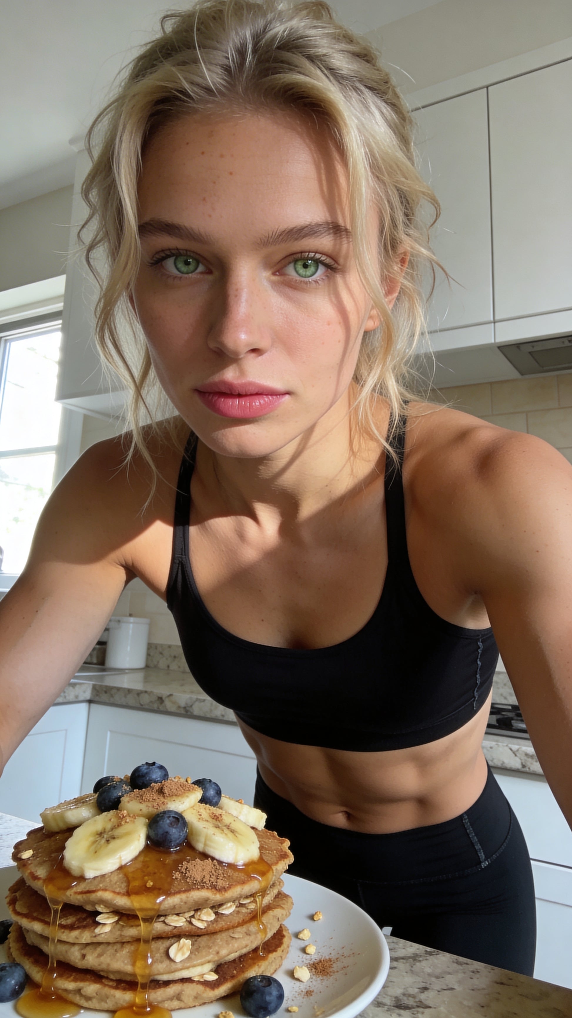 Woman in a kitchen with a plate of pancakes topped with bananas and blueberries.