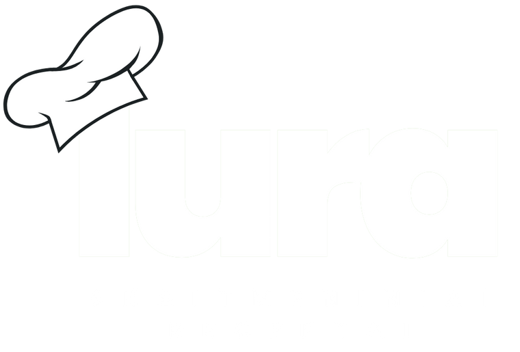 White logo with a chef's hat on a white background